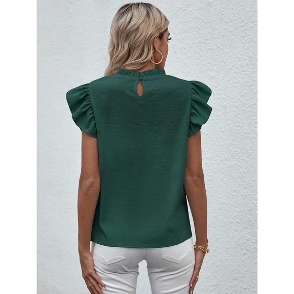 🌟 Mock Neck Lettuce Trim Ruffle short sleeve Blouse black - Picture 3 of 11